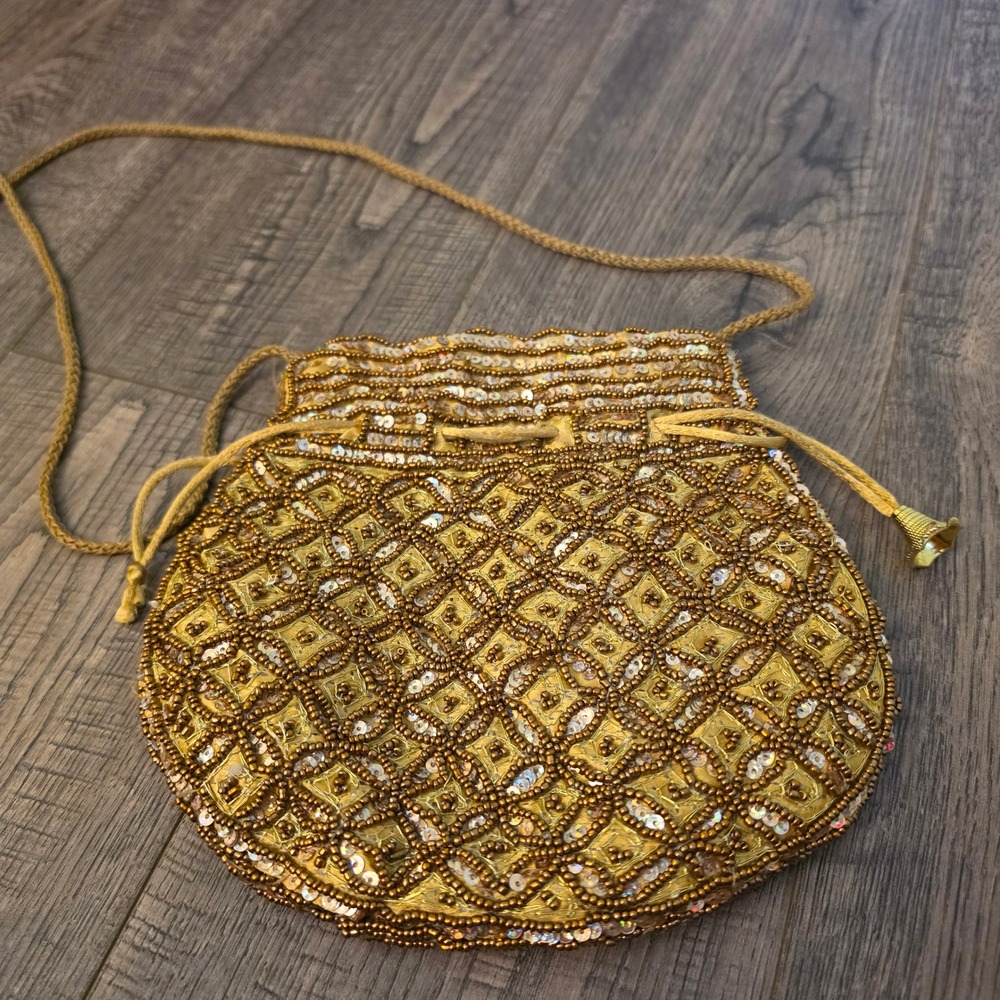 Vintage Gold Beaded Sequin Potli Bag India Drawstring Evening Crossbody Purse